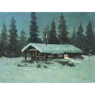 Theodore Roosevelt Lambert Painting, "Trapper's Cabin, 1942"