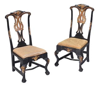 Pair of Continental Rococo Black Painted and Parcel Gilt Side Chairs