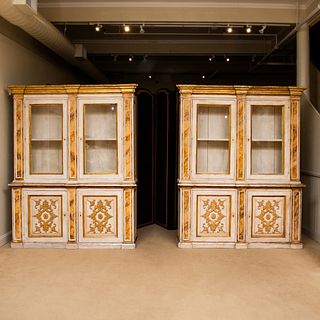 Pair of Italian White Painted, Faux Marble and Parcel-Gilt Cabinets 