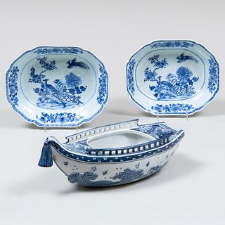 Pair of Chinese Blue and White Porcelain Serving Dishes and a Boat Form Dish