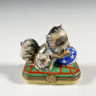French Limoges Hand Painted Box, Cat with Yarn