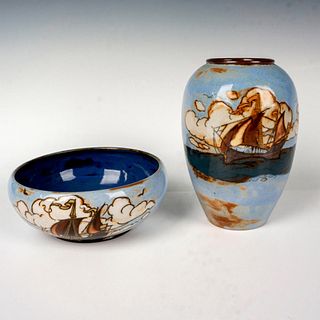 2pc Royal Doulton Stoneware Galleon Vase and Bowl