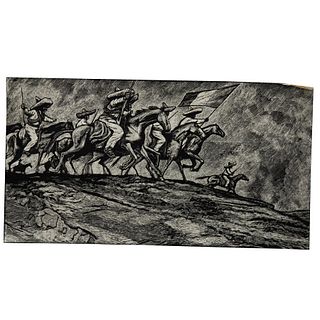 LEOPOLDO MÉNDEZ, Revolucionarios a caballo, Grabado sin número de tiraje, 50 x 90 cm