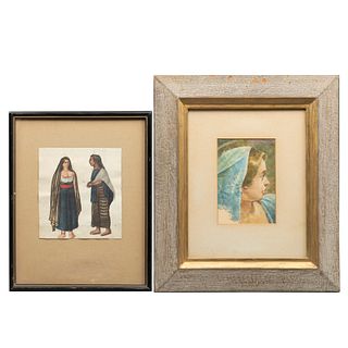 AUTORES NO IDENTIFICADOS, a) Mujeres  b) Mujer de perfil, Acuarelas sobre papel, 18 x 16 cm y 17 x 12 cm, Piezas 2, Enmarcadas.