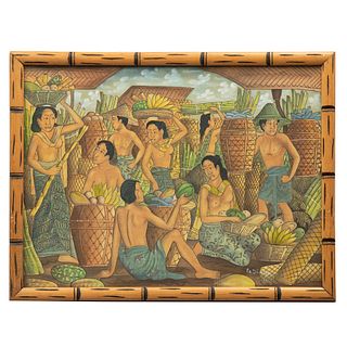 AUTOR NO IDENTIFICADO (Siglo XX) Escena de mercado Firmado (FA. SIADJA) y referida a Bali Acrílico sobre tela 44 x 5...