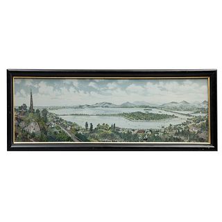 ANÓNIMO, Paisaje oriental, Bordado sobre tela, Enmarcado, 26 x 92 cm