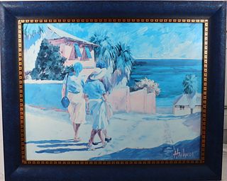 Framed Watercolors signed lower right, Titled three women at the beach.