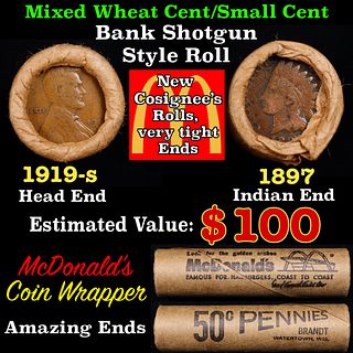 Small Cent Mixed Roll Orig Brandt McDonalds Wrapper, 1919-s Lincoln Wheat end, 1897 Indian other end, 50c