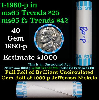 BU Shotgun Jefferson 5c roll, 1980-p 40 pcs Bank $2 Nickel Wrapper