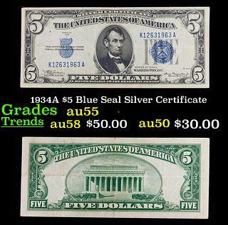 1934A $5 Blue Seal Silver Certificate Grades Choice AU