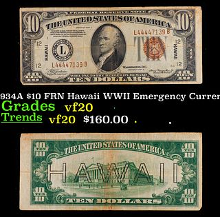 1934A $10 FRN Hawaii WWII Emergency Currency Grades vf, very fine