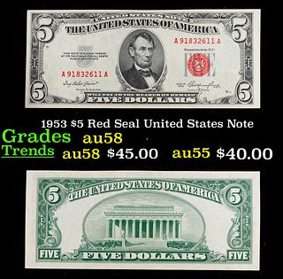 1953 $5 Red Seal United States Note Grades Choice AU/BU Slider
