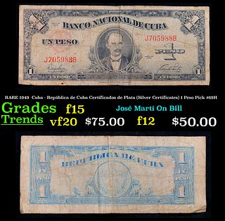 RARE 1949  Cuba - República de Cuba Certificados de Plata (Silver Certificates) 1 Peso Pick #69H Grades f+