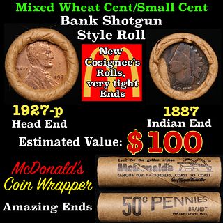 Small Cent Mixed Roll Orig Brandt McDonalds Wrapper, 1927-p Lincoln Wheat end, 1887 Indian other end, 50c