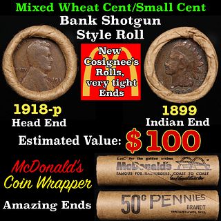 Small Cent Mixed Roll Orig Brandt McDonalds Wrapper, 1918-p Lincoln Wheat end, 1899 Indian other end, 50c