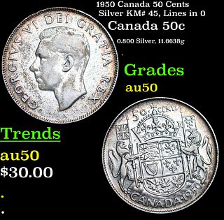 1950 Canada 50 Cents Silver KM# 45, Lines in 0 Grades AU, Almost Unc