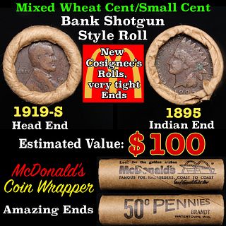 Small Cent Mixed Roll Orig Brandt McDonalds Wrapper, 1919-s Lincoln Wheat end, 1895 Indian other end, 50c