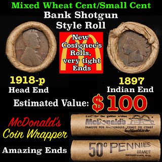 Small Cent Mixed Roll Orig Brandt McDonalds Wrapper, 1918-p Lincoln Wheat end, 1897 Indian other end, 50c
