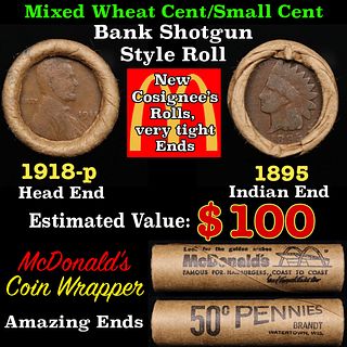 Small Cent Mixed Roll Orig Brandt McDonalds Wrapper, 1918-p Lincoln Wheat end, 1895 Indian other end, 50c