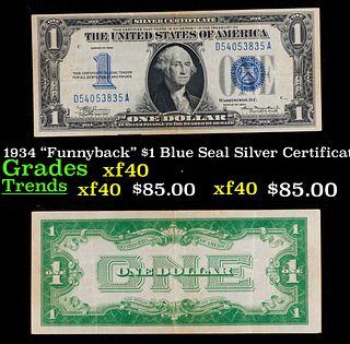 1934 "Funnyback" $1 Blue Seal Silver Certificate Grades xf