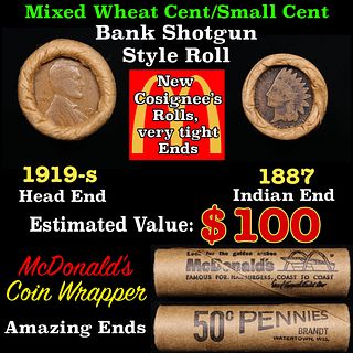Small Cent Mixed Roll Orig Brandt McDonalds Wrapper, 1919-s Lincoln Wheat end, 1887 Indian other end, 50c