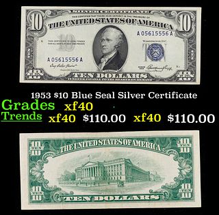 1953 $10 Blue Seal Silver Certificate Grades xf