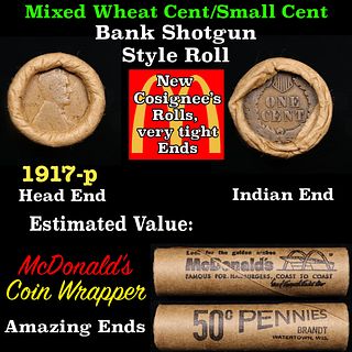 Small Cent Mixed Roll Orig Brandt McDonalds Wrapper, 1917-p Lincoln Wheat end,  Indian other end, 50c