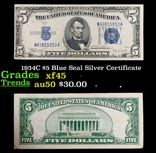 1934C $5 Blue Seal Silver Certificate Grades xf+
