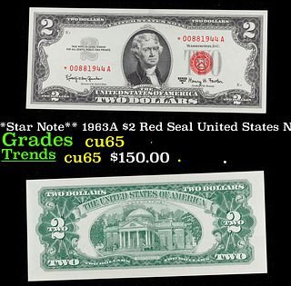 **Star Note** 1963A $2 Red Seal United States Note Grades Gem CU