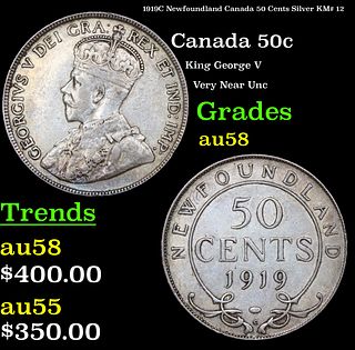 1919C Newfoundland Canada 50 Cents Silver KM# 12 Grades Choice AU/BU Slider