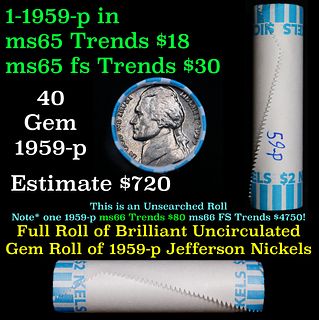 BU Shotgun Jefferson 5c roll, 1959-p 40 pcs Bank $2 Nickel Wrapper