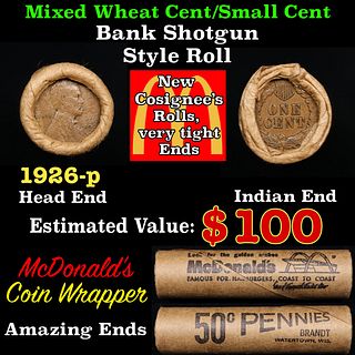 Small Cent Mixed Roll Orig Brandt McDonalds Wrapper, 1926-p Lincoln Wheat end, Indian other end, 50c