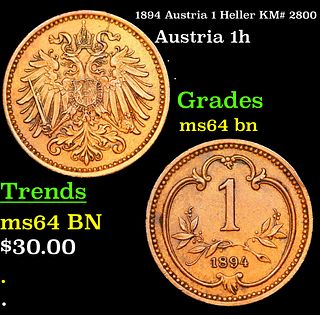 1894 Austria 1 Heller KM# 2800 Grades Choice Unc BN
