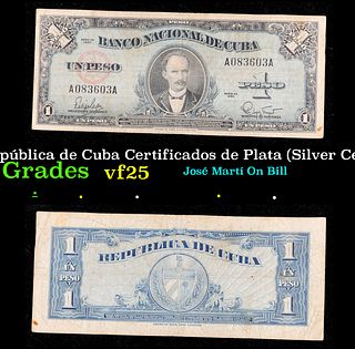 1960  Cuba - República de Cuba Certificados de Plata (Silver Certificates) P# 77b Grades vf+