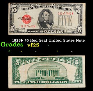 1928F $5 Red Seal United States Note Grades vf+