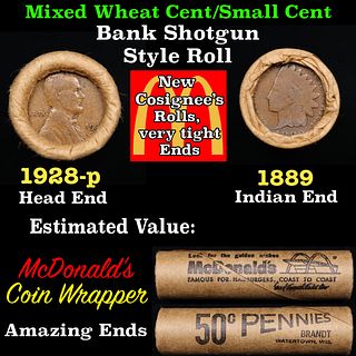 Small Cent Mixed Roll Orig Brandt McDonalds Wrapper, 1928-p Lincoln Wheat end, 1889 Indian other end, 50c