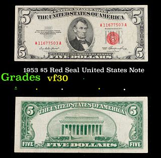 1953 $5 Red Seal United States Note Grades vf++