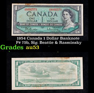 1954 Canada 1 Dollar Banknote P# 75b, Sig. Beattie & Rasminsky Grades Select AU