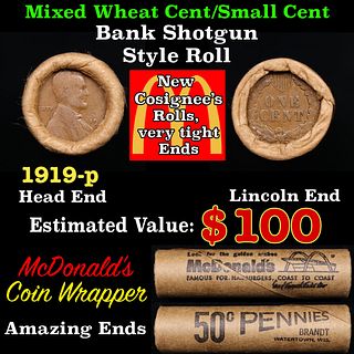 Small Cent Mixed Roll Orig Brandt McDonalds Wrapper, 1919-s Lincoln Wheat end, Indian other end, 50c
