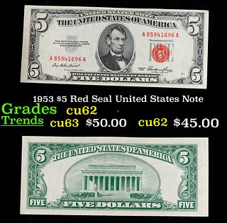 1953 $5 Red Seal United States Note Grades Select CU