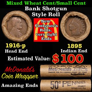 Small Cent Mixed Roll Orig Brandt McDonalds Wrapper, 1916-p Lincoln Wheat end, 1895 Indian other end, 50c
