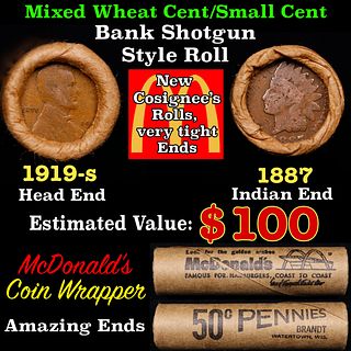 Small Cent Mixed Roll Orig Brandt McDonalds Wrapper, 1919-s Lincoln Wheat end, 1887 Indian other end, 50c