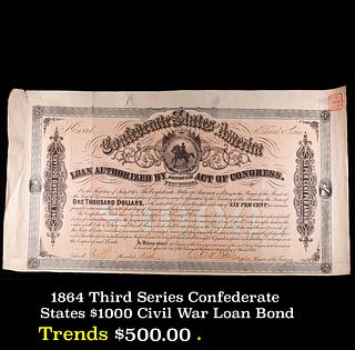 1864 Third Series Confederate States $1000 Civil War Loan Bond
