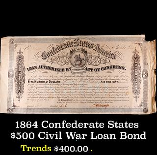 1864 Confederate States $500 Civil War Loan Bond