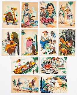 12 Mexican Hand-Printed Postcards, c. 1930's