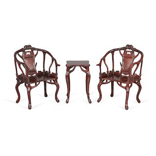 Set 3 Chinese Burl Chairs & Table w/ Faux Antler
