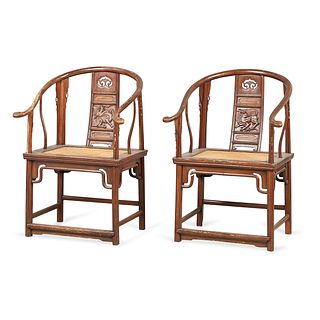 Pair Chinese Elm Horseshoe Back Quanyi Chairs