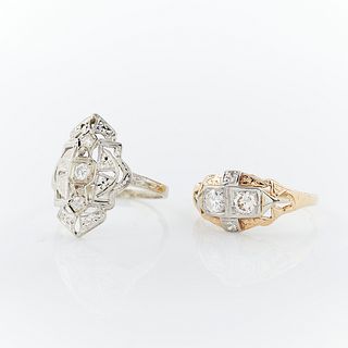 2 14k Gold Art Deco Filigree & Diamond Rings