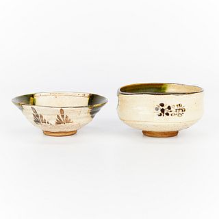 2 Japanese Oribe Chawan Tea Bowls