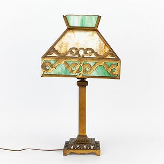Arts & Crafts Brass Slag Glass Lamp